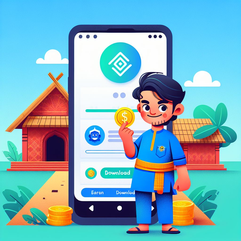 Cartoon character holding a smartphone with 22Taka app screens and reward icons