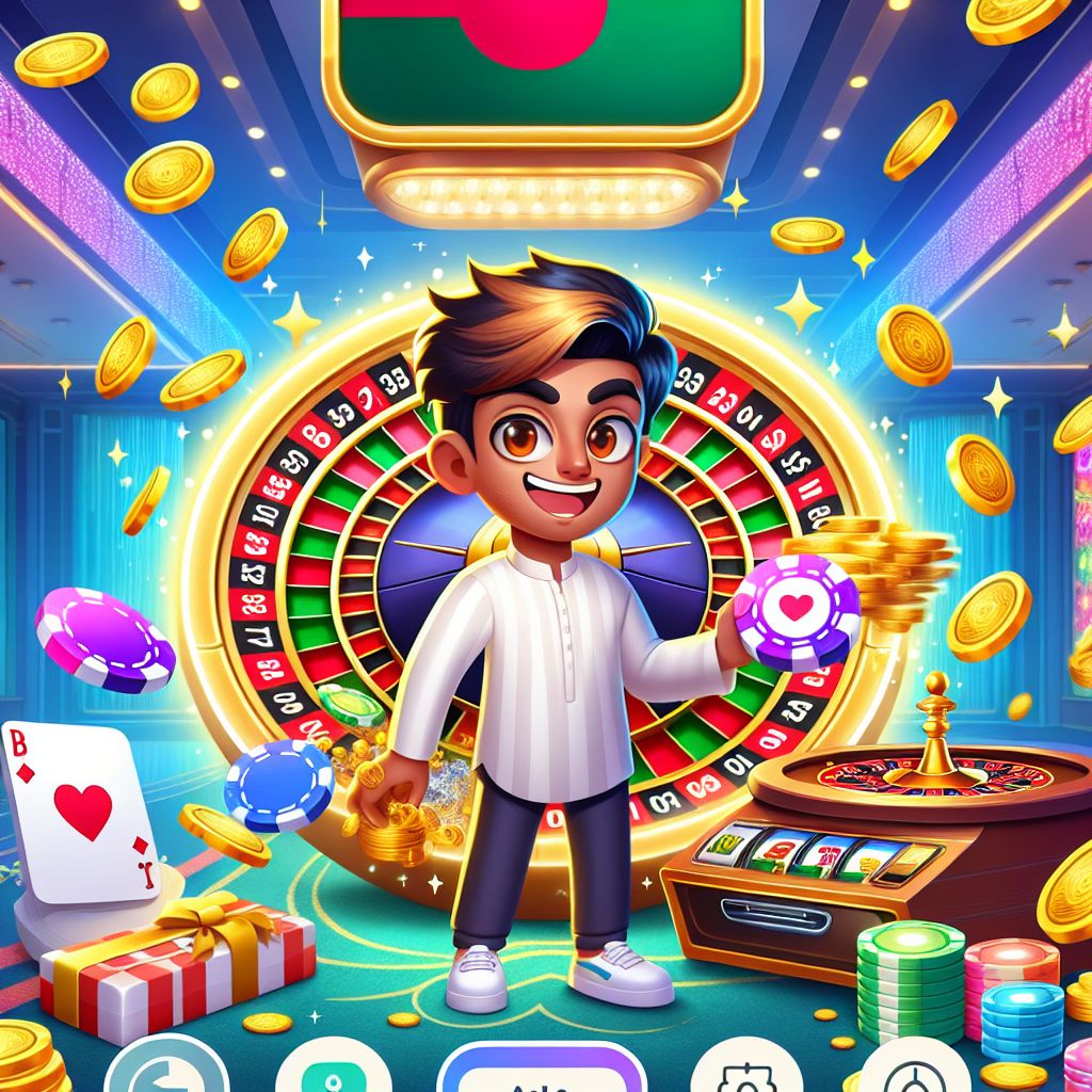 22Taka casino cartoon characters with chips, cards, roulette wheel and coins