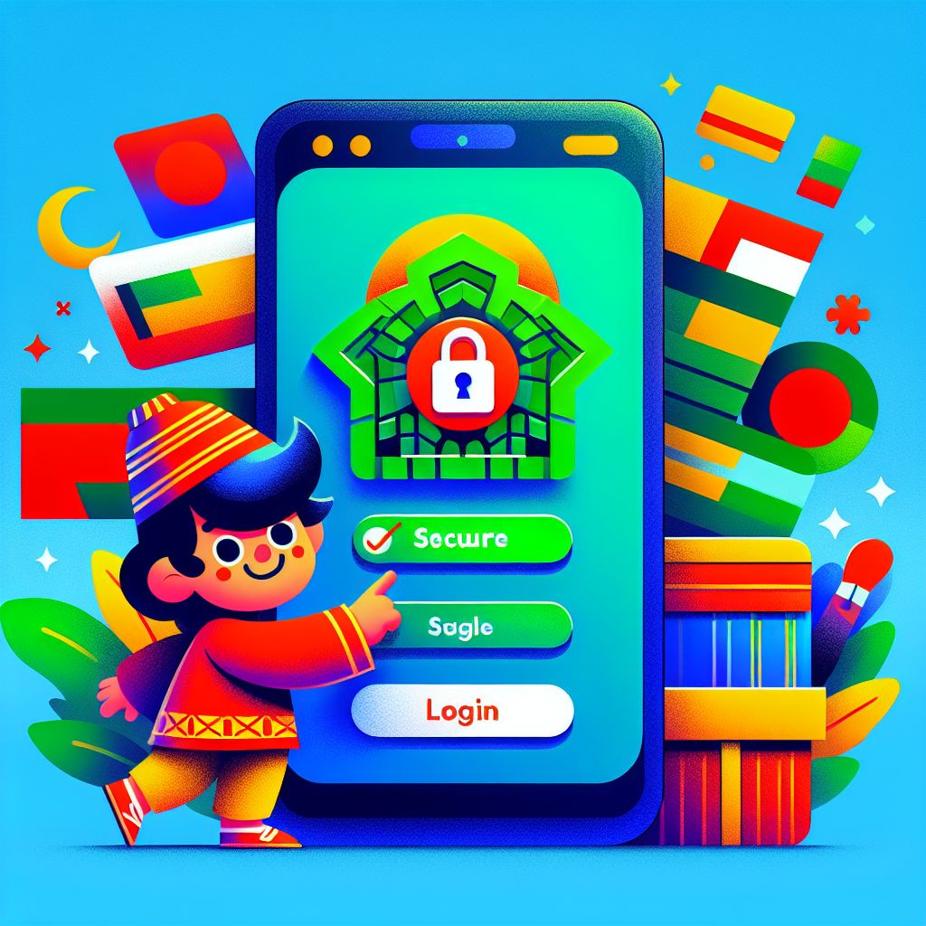 Cartoon character signing in on a phone with a lock icon and 22Taka branding