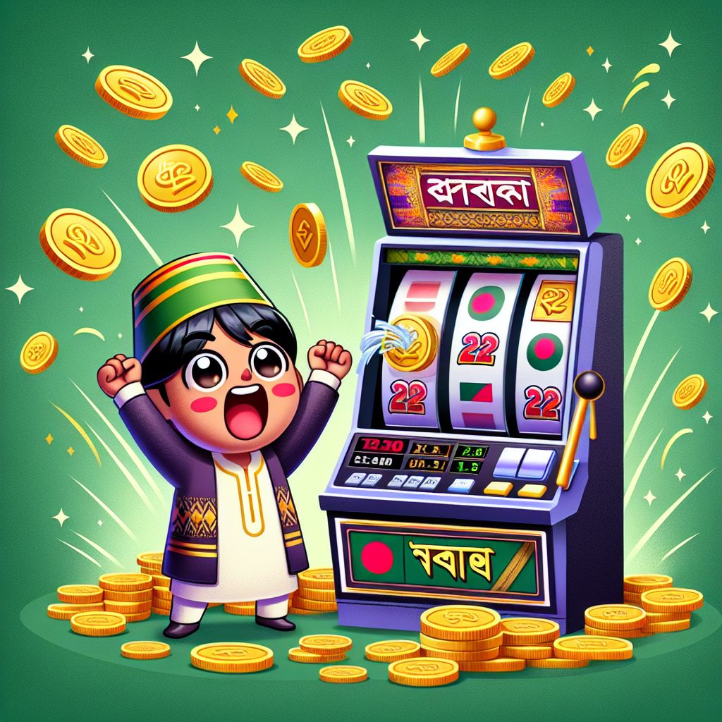 22Taka থিমযুক্ত কার্টুন চরিত্র যারা কয়েন এবং রীল নিয়ে স্লট জয় উদযাপন করছে